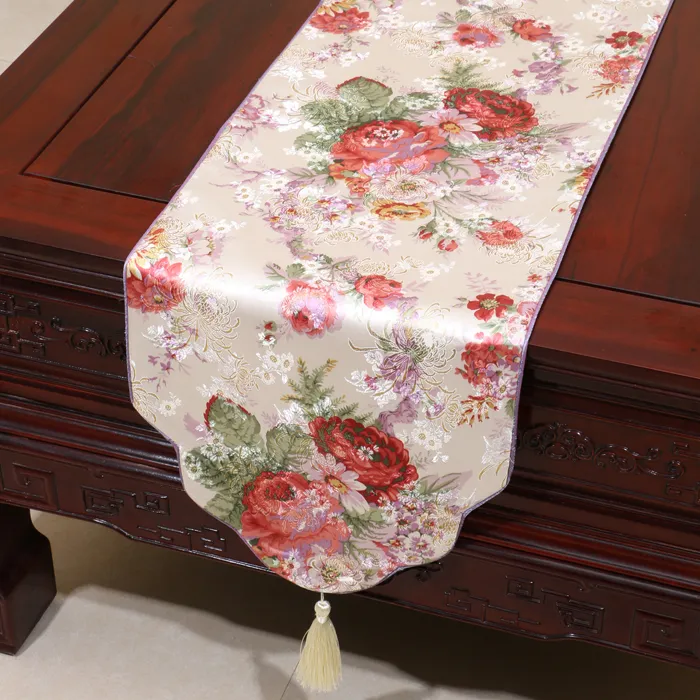Happy peônia flor corredor de mesa de luxo moda simples mesa de jantar tapetes de proteção almofadas de estilo chinês brocado de seda chá toalha de mesa 200x33 cm
