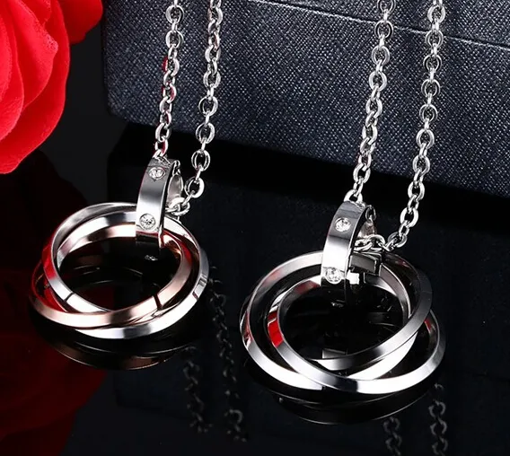 Silver Blue Black&Gold Three Colours To Choose Fashion Stainless steel & Crystal 3 Circles Pendant Couple Necklaces Charm Gifts