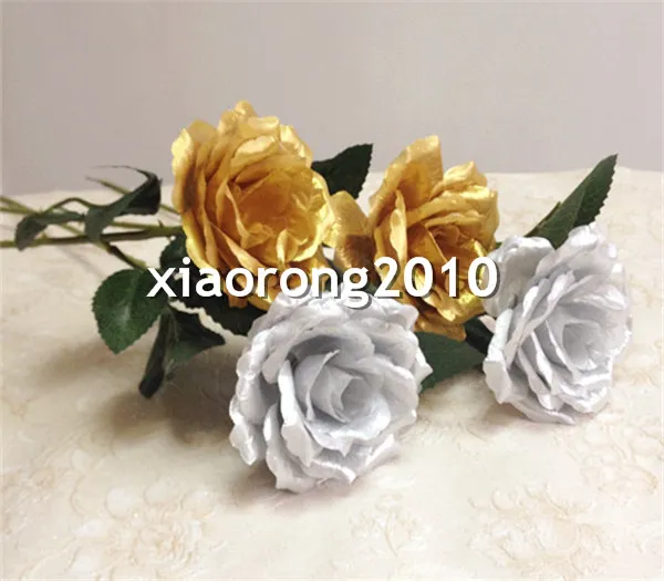 Silk Roses 38cm1496 inches Artificial Single Rose Gold Silver Colors for Wedding Xmas Party Home Decorative Flower3266161