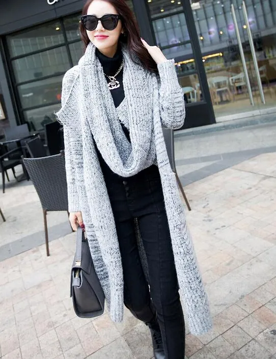 Women Winter Coats 2016 Korean Loose Plus Long Cardigan Sweaters with Knitted Wool Scarves V-Neck Long Sleeve Sweaters for Women