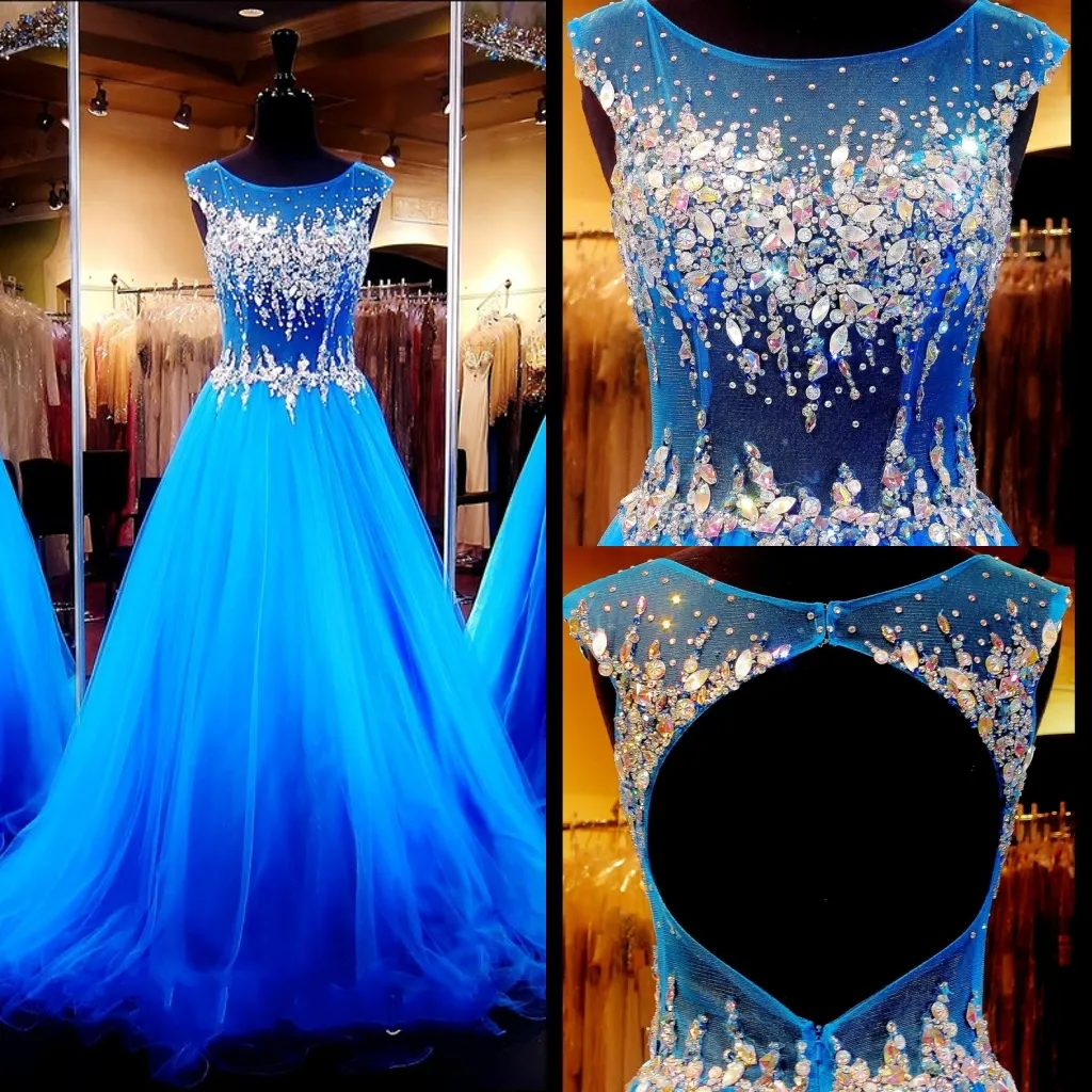 2016 Brilliant Blue Prom Dresses With Cap Sleeves Real Images Jewel ...