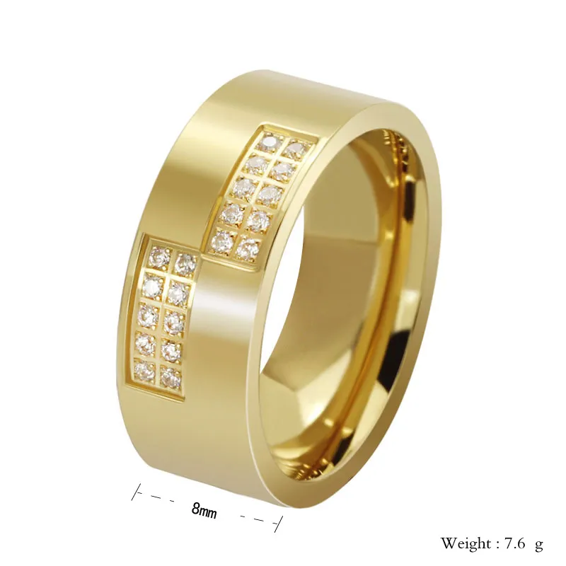 Titan Stahl Schmuck Zirkonia Männer Ringe Mode Fingerring Gold 8mm Größe 7-13