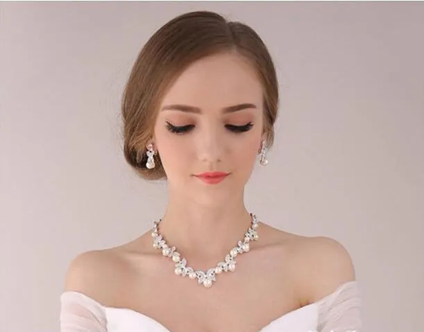 Wedding Rhinestone Pearl Necklace+Earrings Wedding Bridal Jewelry Sets wedding accessories bridalmaid dress party wedding jewelry HT035