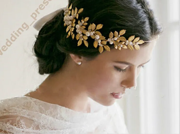 2015新しい来る光沢のある金の葉の葉の花嫁の真珠のウェディングティアラの王冠の花嫁のヘアジュエリーブライダルヘッドピース