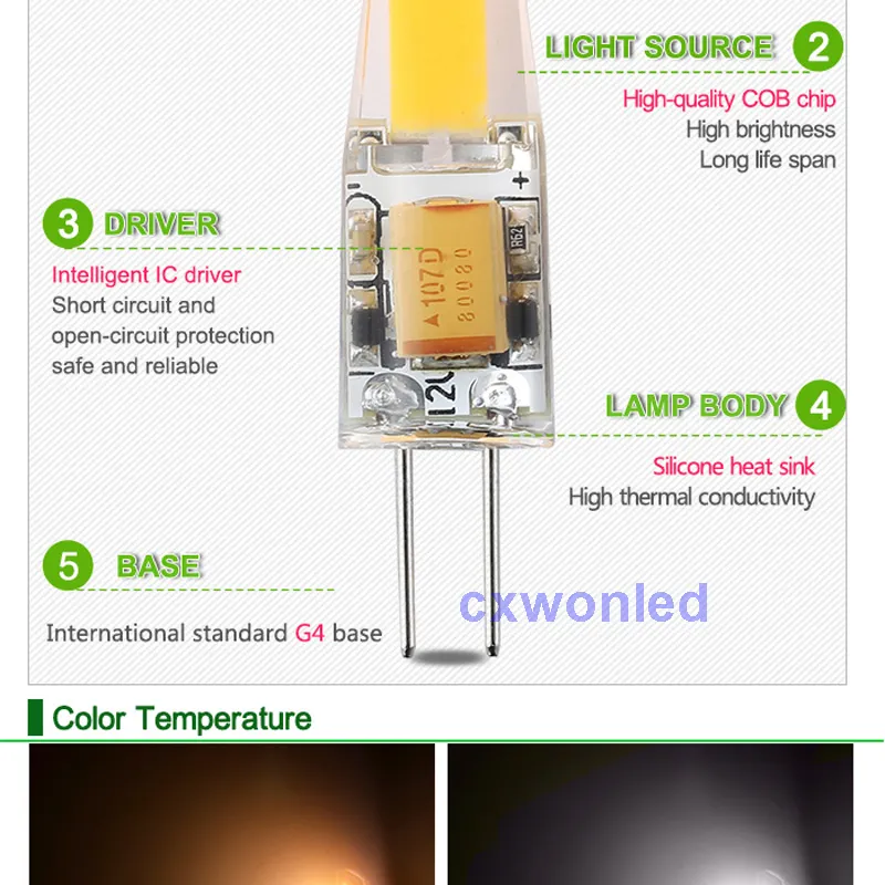 Nowa G4 LED 12 V AC / DC COB Light 2W 3W Wysokiej jakości LED G4 COB Lampy Lampy żyrandolowe Wymień światło halogenowe