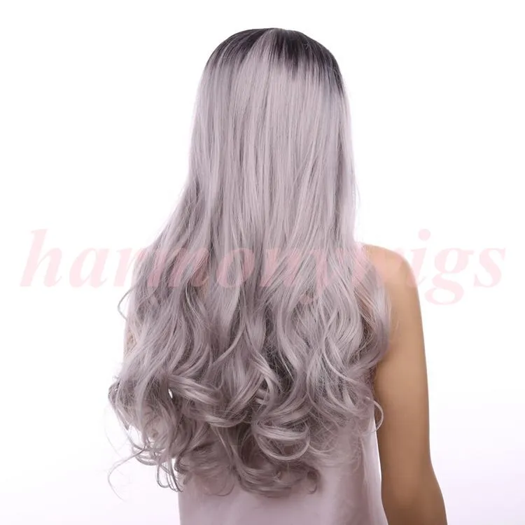 Syntetisk Lace Front Wig Big Wave Curly 18inch Ombre Tone Color Blackgrey Värmebeständiga hårpärrar