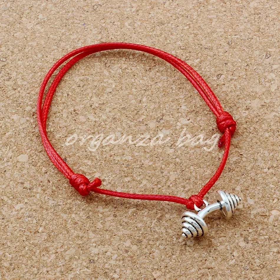 MIC Adjustable Bracelets Antique silver Alloy BARBELL weightlifting Charms Adjustable black & Red Waxes rope Bracelet B-64