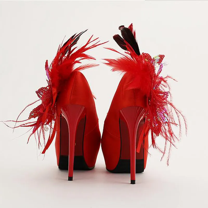Plataformas de tacón de aguja, zapatos de novia de satén rojo, flor brillante, plumas, punta redonda, zapatos de vestir de boda, zapatos de tacón para mujer, tamaño real