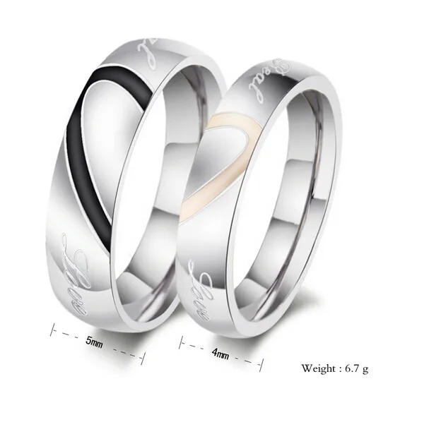 Bijoux de mode 316l en acier inoxydable Silver Half Heart Circle Simple Real Love Couple d'anneaux Anneaux de mariage Anneaux de fiançailles Valentin8773098