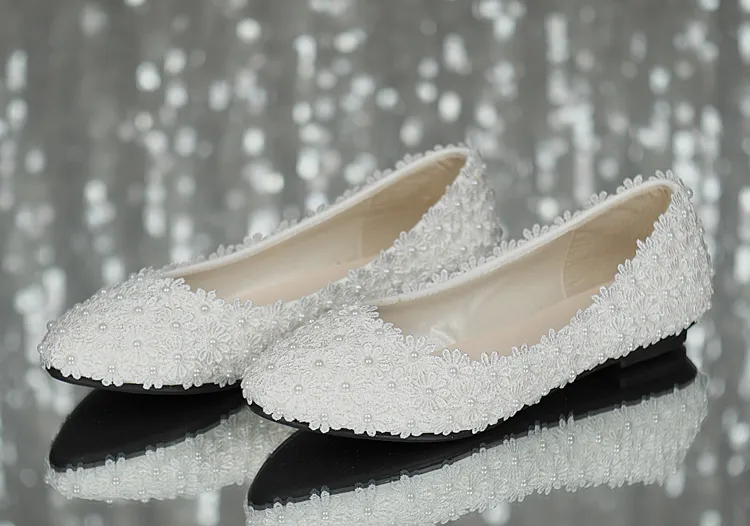 Pearl Bridal Flattie Wit Kant goedkoop in voorraad Gratis verzending Bruids Dames Schoenen Formele Prom Party Schoenen Klaar om te verzenden 2015