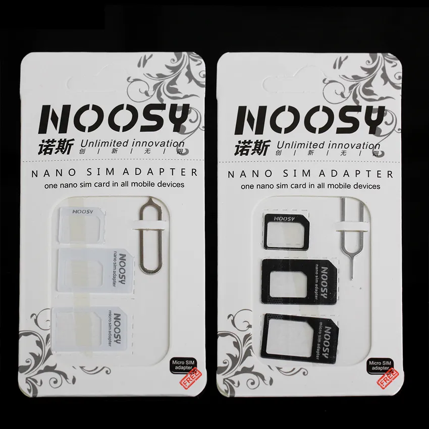 4 i 1 Noosy Nano SIM-kortadapter Satser Micro Standard SIM-kort Verktyg SIM-kort Pin Androidiphone med Retail Box 1000PCS