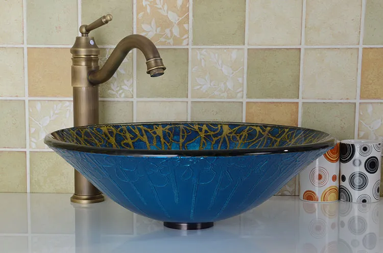 Bathroom tempered glass sink handcraft counter top round basin wash basins cloakroom shampoo vessel bowl HX024