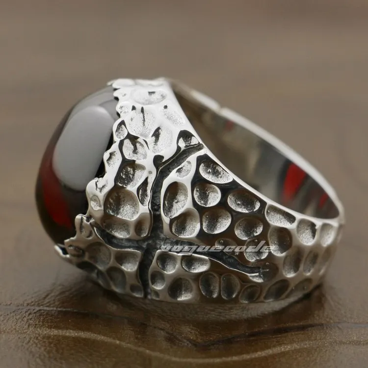925 Sterling Silver Huge Red CZ Stone Mens Biker Rocker Punk Ring 8Y003 US Size 8.5~10 