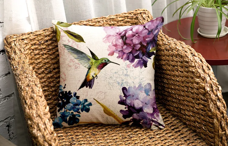 Bird Flower Cushion Cover Hummingbird Sierkussen Case 45cm Square Cotton Linen Funda Cojines Nature Almofadas