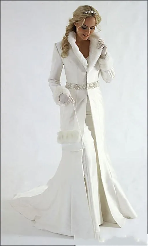 Whole - fur A line Wrap strapless satin White Winter Wedding Dress Cloak Chapel Train Satin Long Sleeve Coat for bride198K