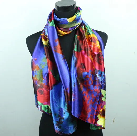 1 sztuk Wulkan Czerwony Żółty Kwiaty Królewskie Niebieskie Szaliki Damska Moda Satyna Olej Obraz Malarstwo Długi Wrap Szal Beach Silk Scarf 160x50 CM