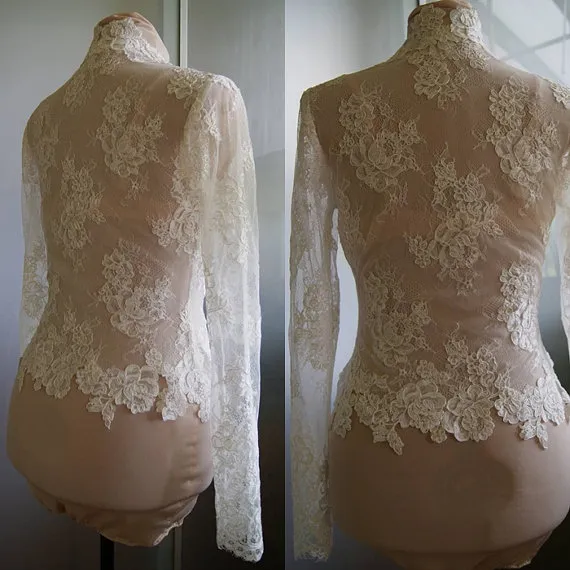 Wysokiej jakości koronkowa kurtka ślubna z kości słoniowej z długim rękawem V-dekolt Bolero Bolero Custom Made Wrap Akcesoria dla sukienki ślubnej 2919