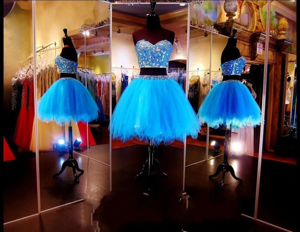 2015 Nouveau Belle Court Deux Pièces Bleu Robes De Bal Chérie Perles Cristal Graduation Dresse Tulle Mini Robe De Bal Formelle WD178