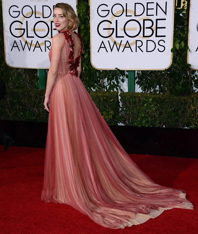 Élégant Rose Tulle Une Ligne Robes De Bal Dos Nu Ambre Entendu Golden Globe Awards Célébrité Formelle Robes De Soirée 3D Fleurs Appliques