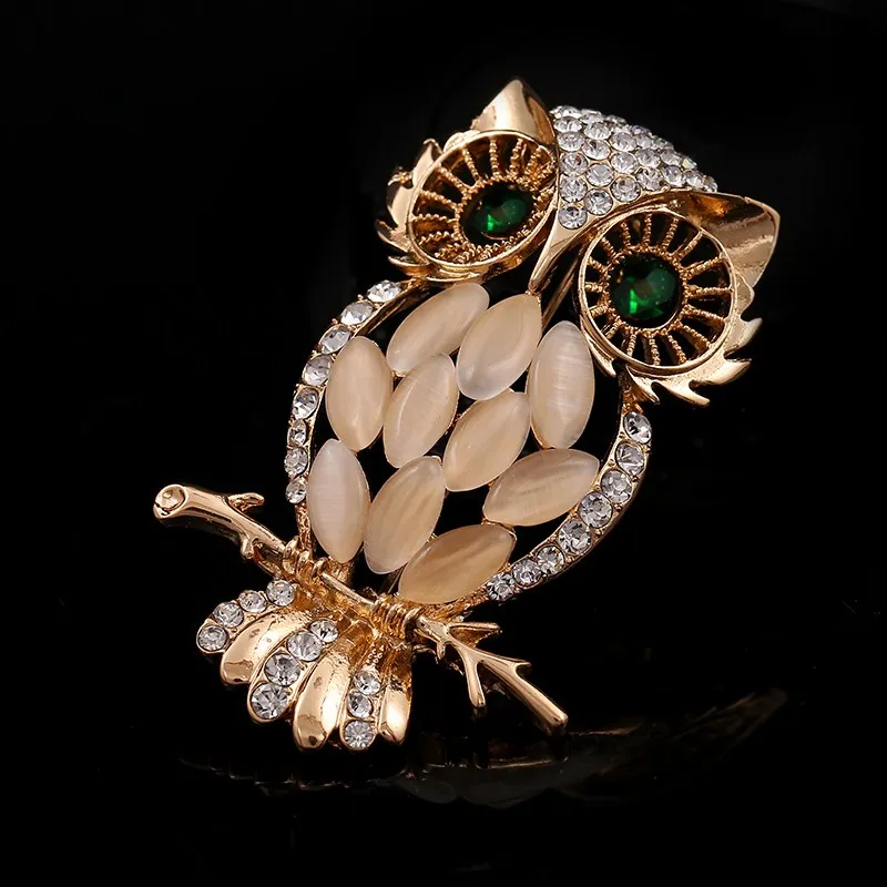 Broche de hibou en alliage de ton or, pierre opale fantastique, cristaux, bijoux exquis, broche pour femmes, offre spéciale