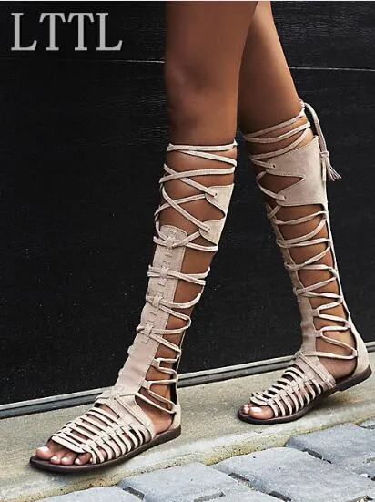 2017 sommer Mode Lace-Up Lange Gladiator Sandalen Ausschnitte Kniehohe Frauen Stiefel Peep Toe Plus Größe Frauen flache Schuhe