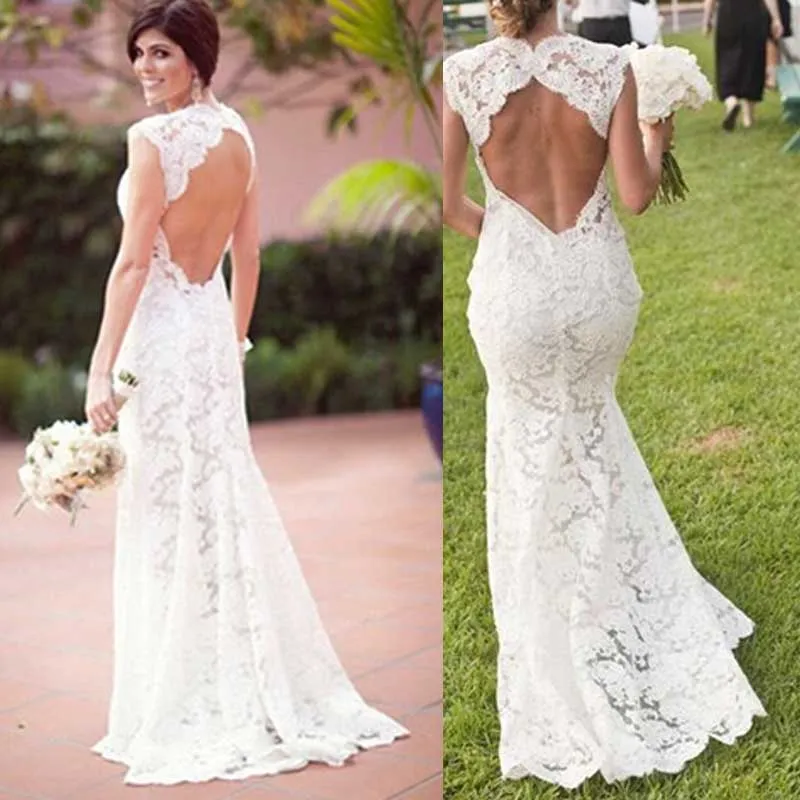 Sexy Backless Wedding Dresses Sheath Open Back Garden Bridal Gowns Beach Wedding Party Sweetheart Neckline Cap Sleeves Custom Made