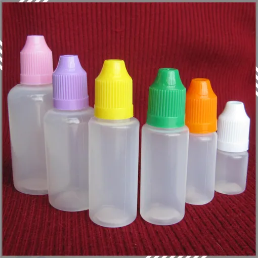 Colorful 5ml 10ml 15ml 20ml 30ml 50ml bottiglie vuote e liquida di plastica contagocce con Bambino Tappi di bottiglia prova e l'ago punte DHL