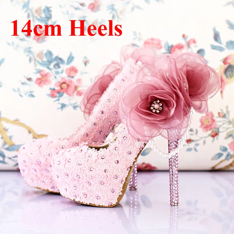 Handmade Pink Lace Wedding Shoes Women Pumps Bridal Dress Prom Shoes Party pumps Beautiful Appliqued Bridesmaid Shoes