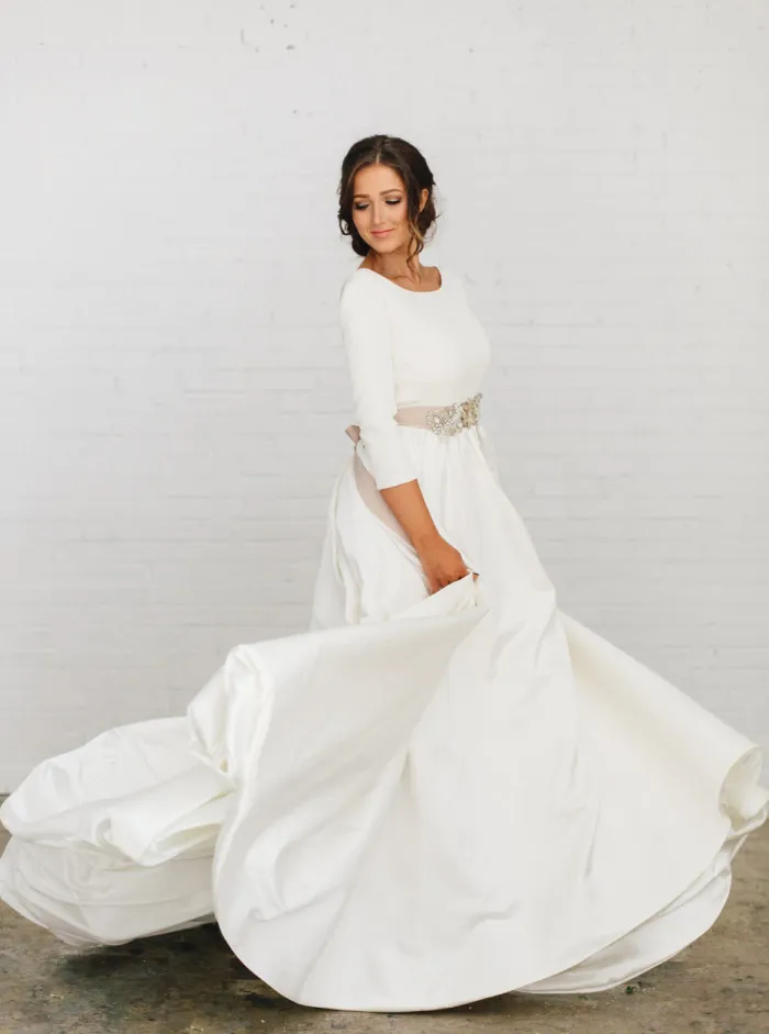 New Boho A-line Soft Satin Modest Wedding Dresses With 3/4 Sleeves Beaded Blet Low Back Country Bridal Gowns 2020 Custom Made Couture