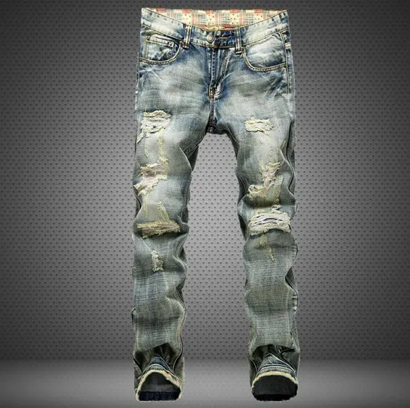 Jeans Hole Men Distress Famous Long Straight Fit Casual Denim lavado Tamanho grande 28 ~ 42