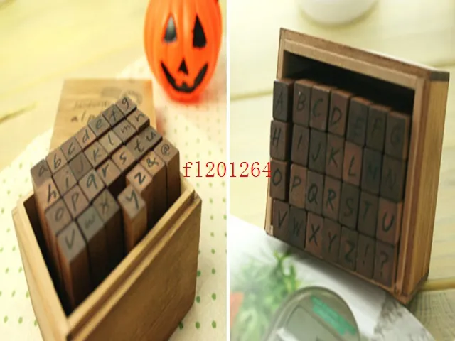 Handwriting Alphabet stamp set With Wooden box DIY funny work Uppercase Lowercase Stamps ,