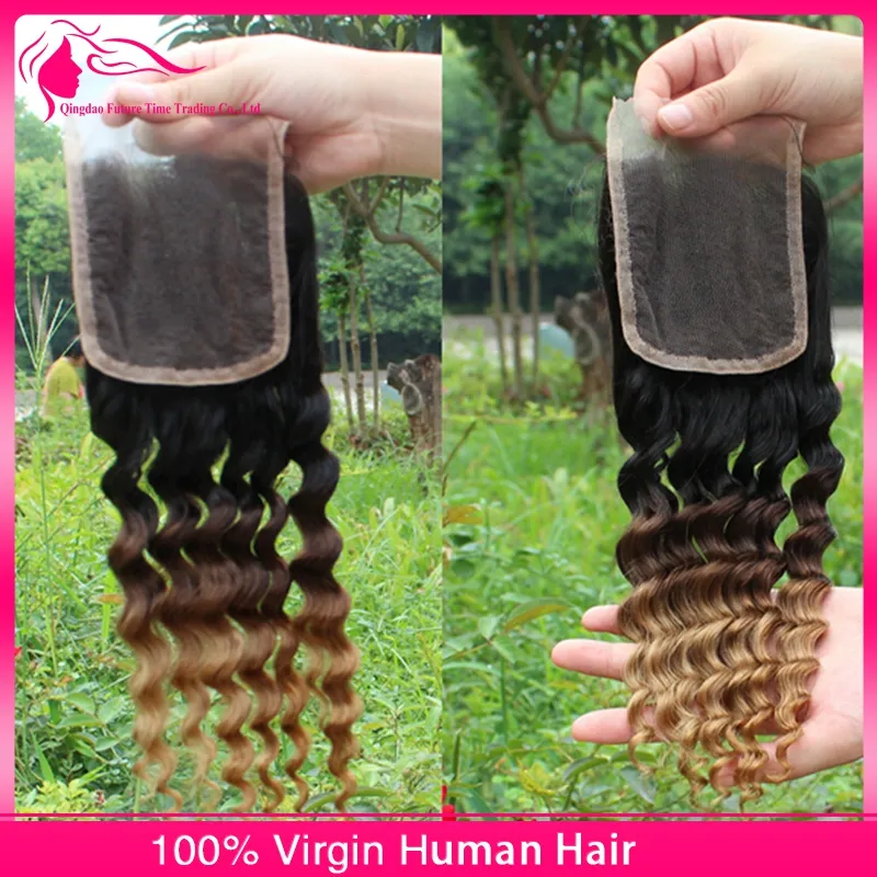 Malaisienne vague profonde ondulée Ombre Extensions de cheveux humains 1B 4 27 Ombre cheveux Weave Bundles avec trois tons Ombre dentelle fermeture Lot4145049