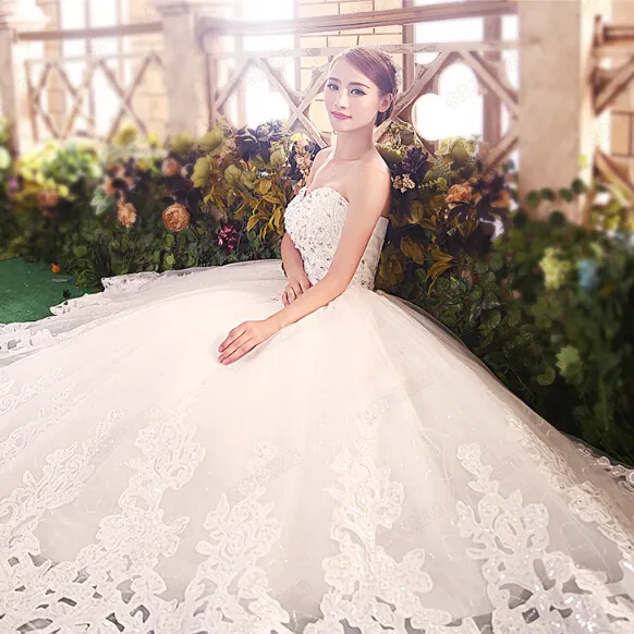 New Arrivals Fantastic Beatiful Sleeveless Elegant Sweet Princess Appliques/Beads Lace up Wrapped Chest Ball Gown Wedding Dresses