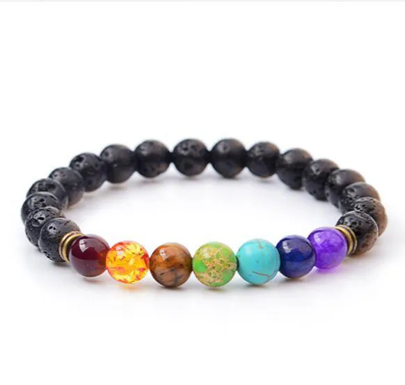 Novas pulseiras de pedra natural de lava negra 7 contas de Reiki Chakra pulseira difusora de óleo essencial para homens e mulheres joias