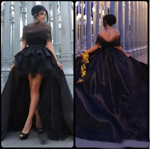 Arabic Black High Low Prom Dress Strapless Tulle Wrap Design Open Back Hi  Low Evening Party Gowns Short Front Long Back From Weddingfactory, $130.66  | DHgate.Com