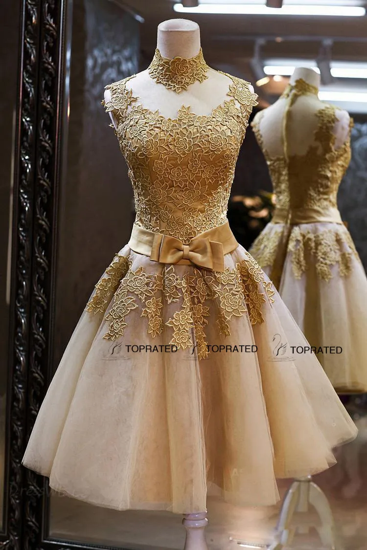 Prom Dresses Cocktail Pageant Graduation Gown With High Neck Sheer Back Gold Lace Appliqued Organza Short Bow Sash Real Image1132083