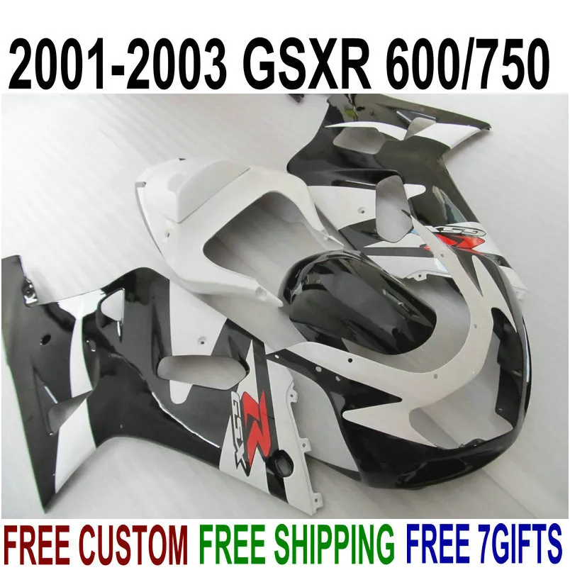 Hot Full Fairing Kit för SUZUKI GSXR600 GSXR750 2001 2002 2003 K1 Vit Svart Plastmissioner Set GSX-R600 / 750 01-03 EF15