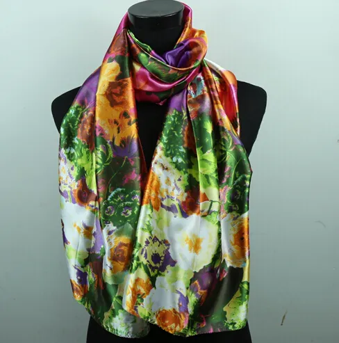 1pcs White Flowers Green Leaves Dark Purple Scarves Women's Fashion Satin Oil Painting Long Wrap Shawl Beach Silk Scarf 160X50cm