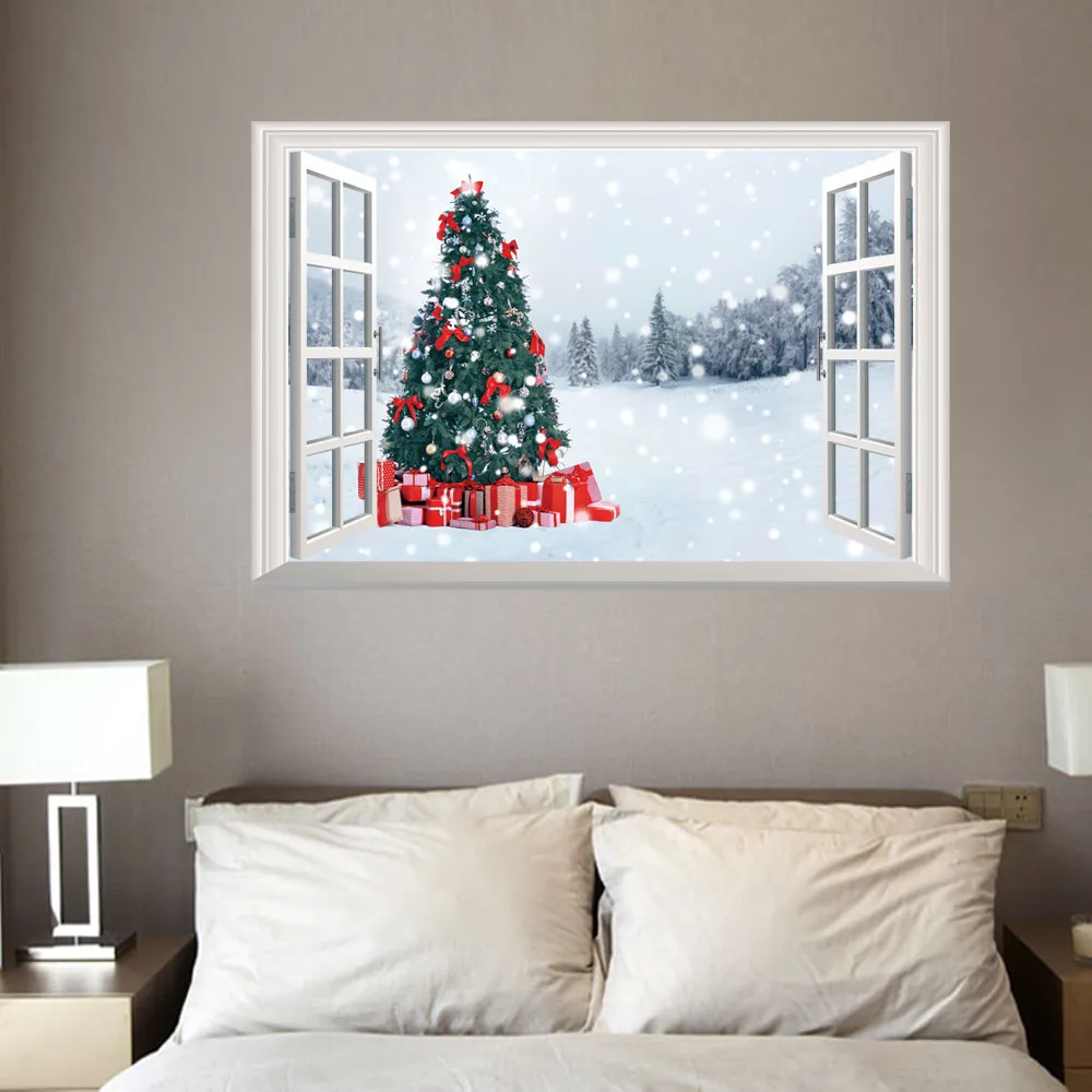Toptan 1 ADET 72 * 48.5 cm 3D Pencere Noel Dekorasyon Ağacı Duvar Çıkartmaları Su Geçirmez Duvar Kağıdı Ev Dekorasyon
