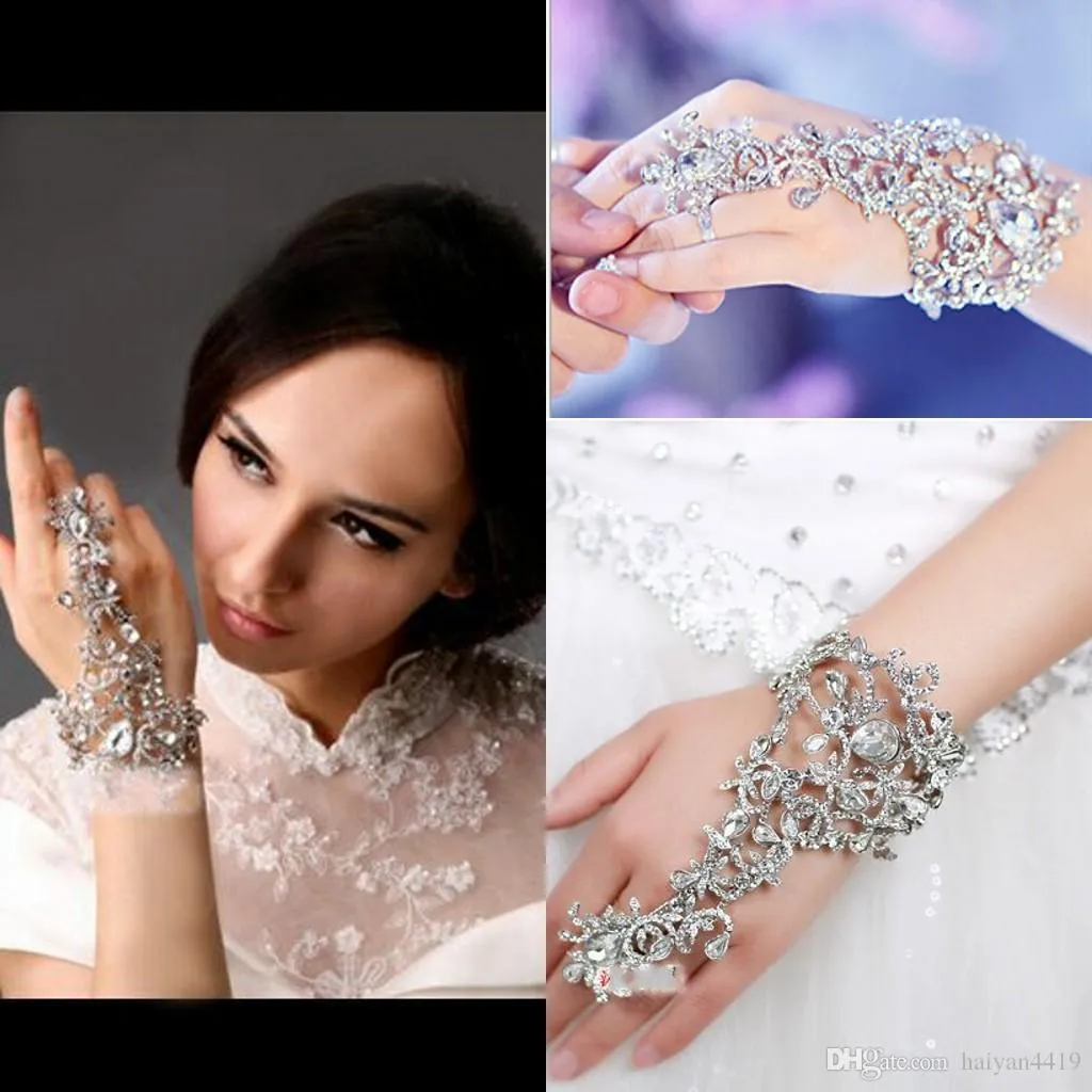 Cheap Gloves Wedding Bridal Jewelry Crystal Rhinestone Finger Chain Ring Bracelet Gorgeous Party Event Wristband Bra260D