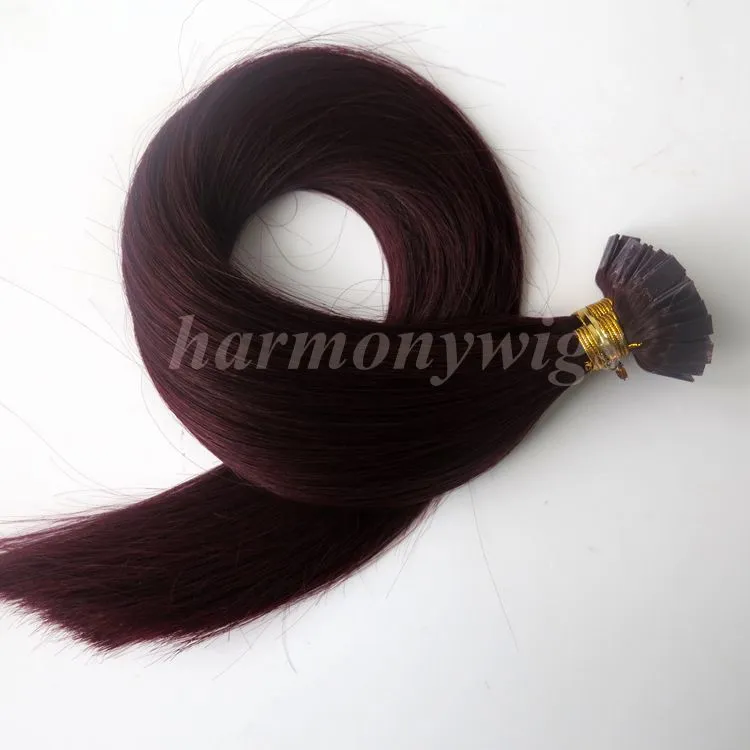 200G 200Strands Pre Bonded Flat Tips Hair Extensions 18 20 22 24Inch # 99J / Rödvin Brasiliansk Indisk Remy Keratin Mänskligt Hår