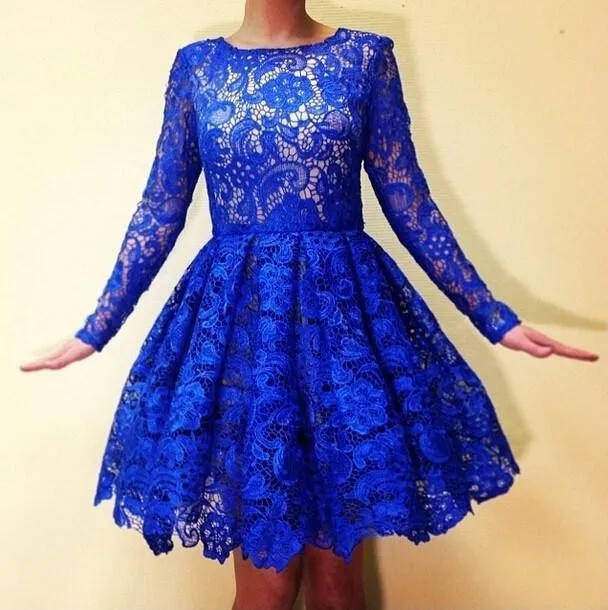Elegant Blue Lace Tea Length Dress - Long Sleeved, Classic Party Style.  Shop Now! from Dhgate Homecoming Dresses - price 78.81
