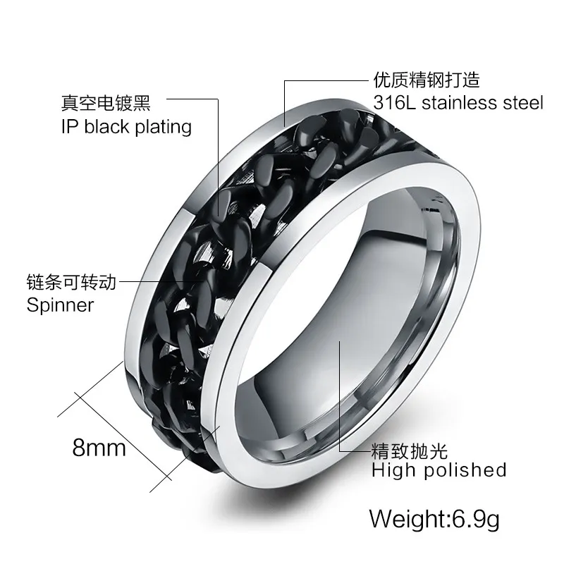 316L Stainless Steel IP Black Plated High Polished Mens Fashion Rings Silver/Black 8mm Size 6-15