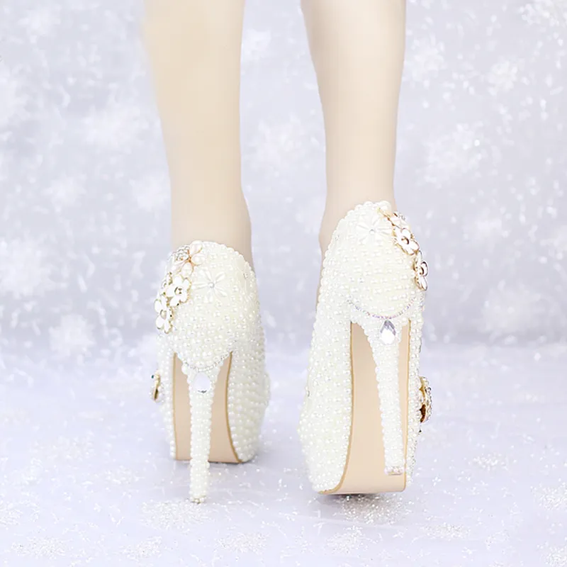 Custom Made New Ivory Pearl Wedding Shoes Round Toe Platforms Phoenix Rhinestone Bridal Dress Shoes Banquet Prom Pumps