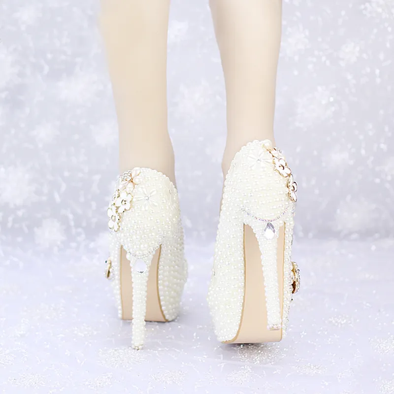 Custom Made New Ivory Pearl Wedding Shoes Round Toe Platformy Phoenix Rhinestone Sukienka Bridal Sukienka Butquet Prom Pompy