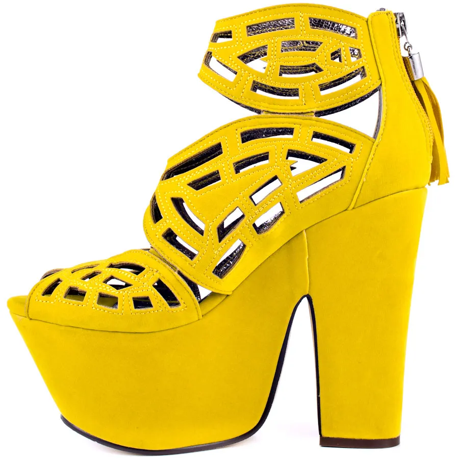 Amarelo Cortar Sandálias Das Mulheres Sapatos De Salto Alto Plataforma De Couro Coppy Verão Mulheres Sapatos Bombas Novo Design Meninas Sapato De Salto Quadrado 15 cm De Embreagem