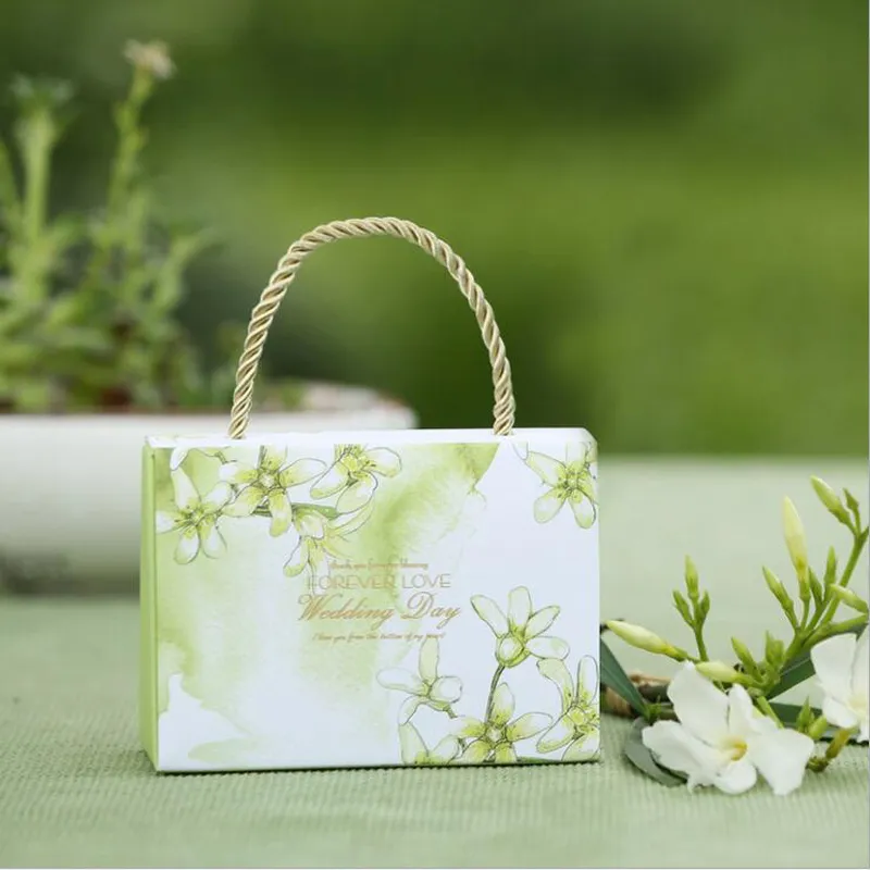 Caixa de presente de casamento bonito estilo Handbag com alça linda e Pupular Wedding Party Bag para doces cor verde roxo e vermelho