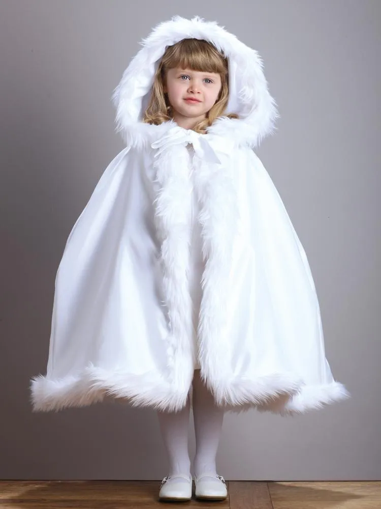 Новое прибытие теплый с капюшоном детский белый атлас цветок девушка свадебный плащ с искусственным мехом отделка чай длина зима Kid длинные обертывания куртка