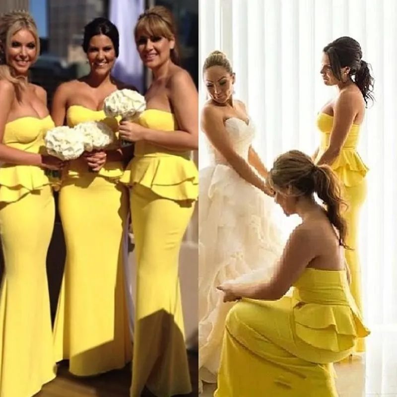 أنيقة حقيقية صورة وصيفة الشرف فساتين كوستوميد طويل الحبيب مشرق peplum وصيفات الشرف اللباس daffodil مساء حفلة موسيقية العباءات للبيع