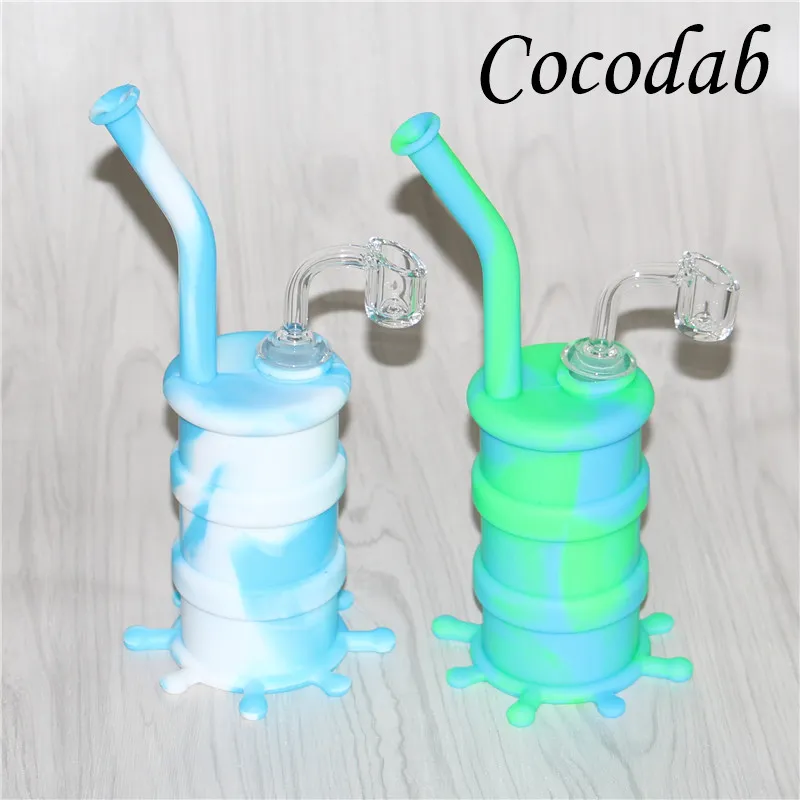 Färgglada Silikonfat Bongs med glas Downtems Hookahs Silikonvattenrör DAB RIG Rökning Rör Alla Tydlig 4mm Tjocklek 14mm Man Quartz Nails